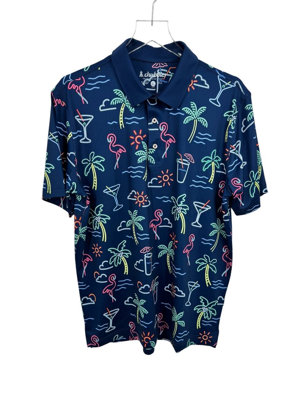 Chubbies The Neon Light polo shirt men's L performance golf flamingo cocktails